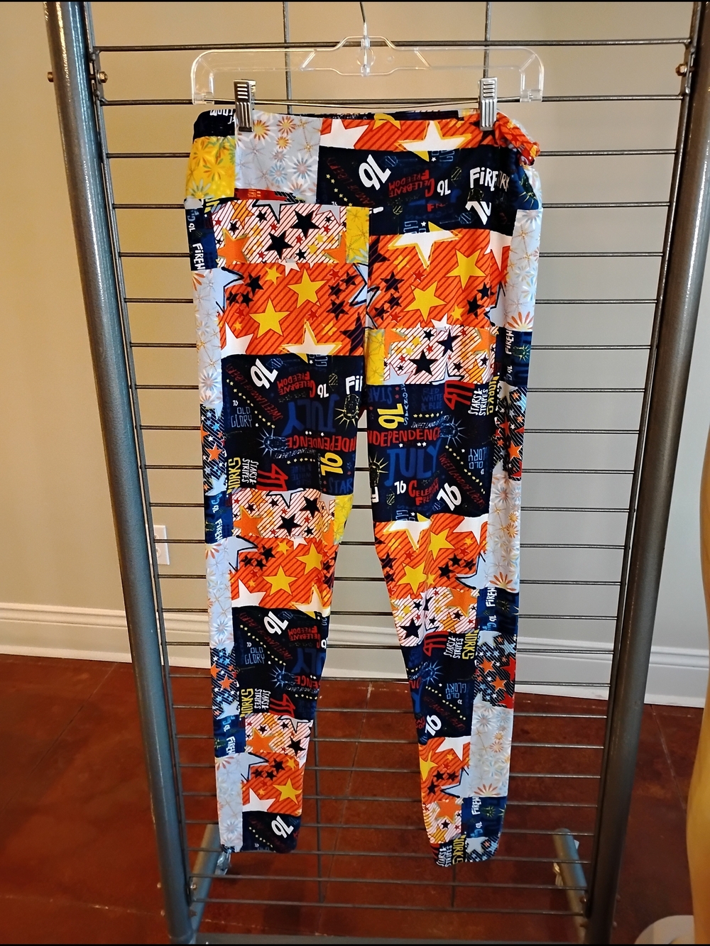 LuLaRoe Orange, Blue‎ & Yellow Patchwork Star Leggings